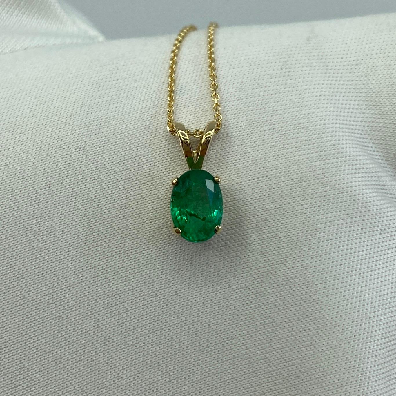 0.85 Carat Vivid Green Emerald Oval Cut Yellow Gold Solitaire Pendant Necklace 2