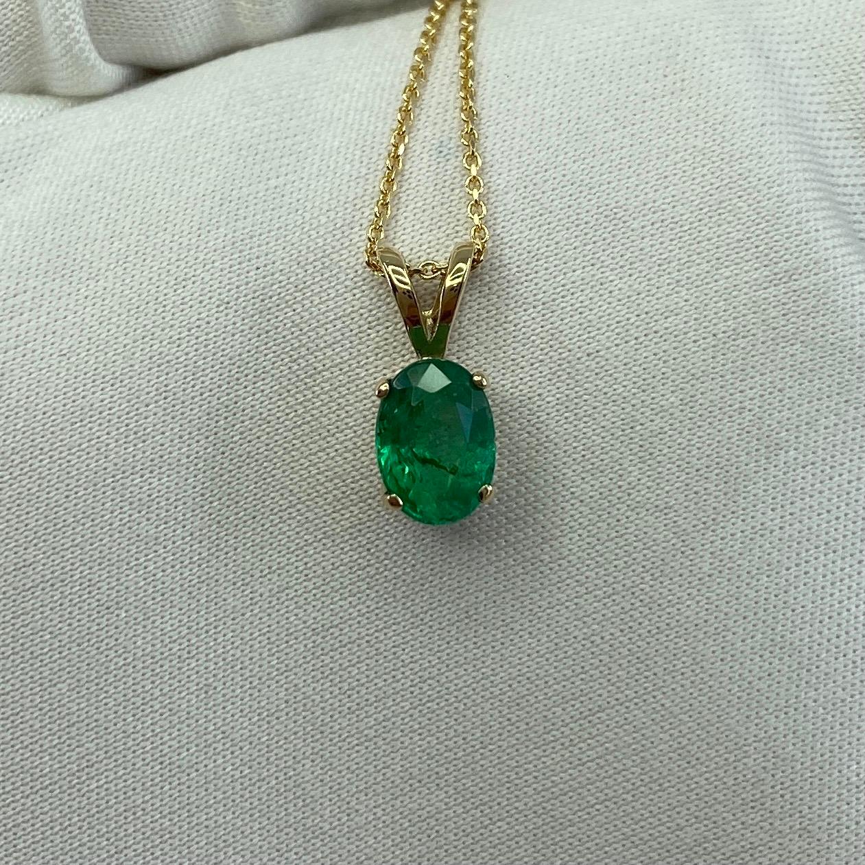 0.85 Carat Vivid Green Emerald Oval Cut Yellow Gold Solitaire Pendant Necklace 3