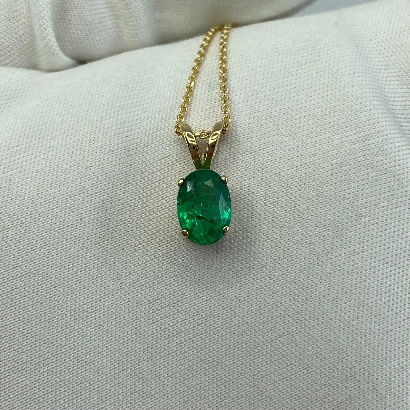 0.85 Carat Vivid Green Emerald Oval Cut Yellow Gold Solitaire Pendant Necklace 4