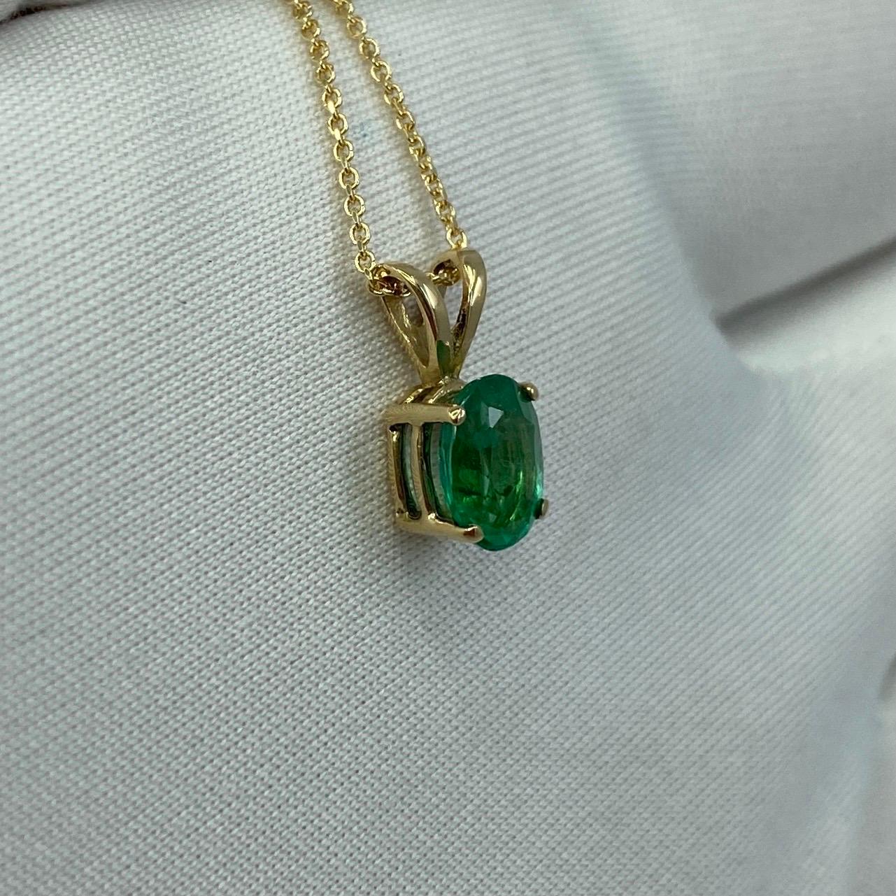 0.85 Carat Vivid Green Emerald Oval Cut Yellow Gold Solitaire Pendant Necklace 5