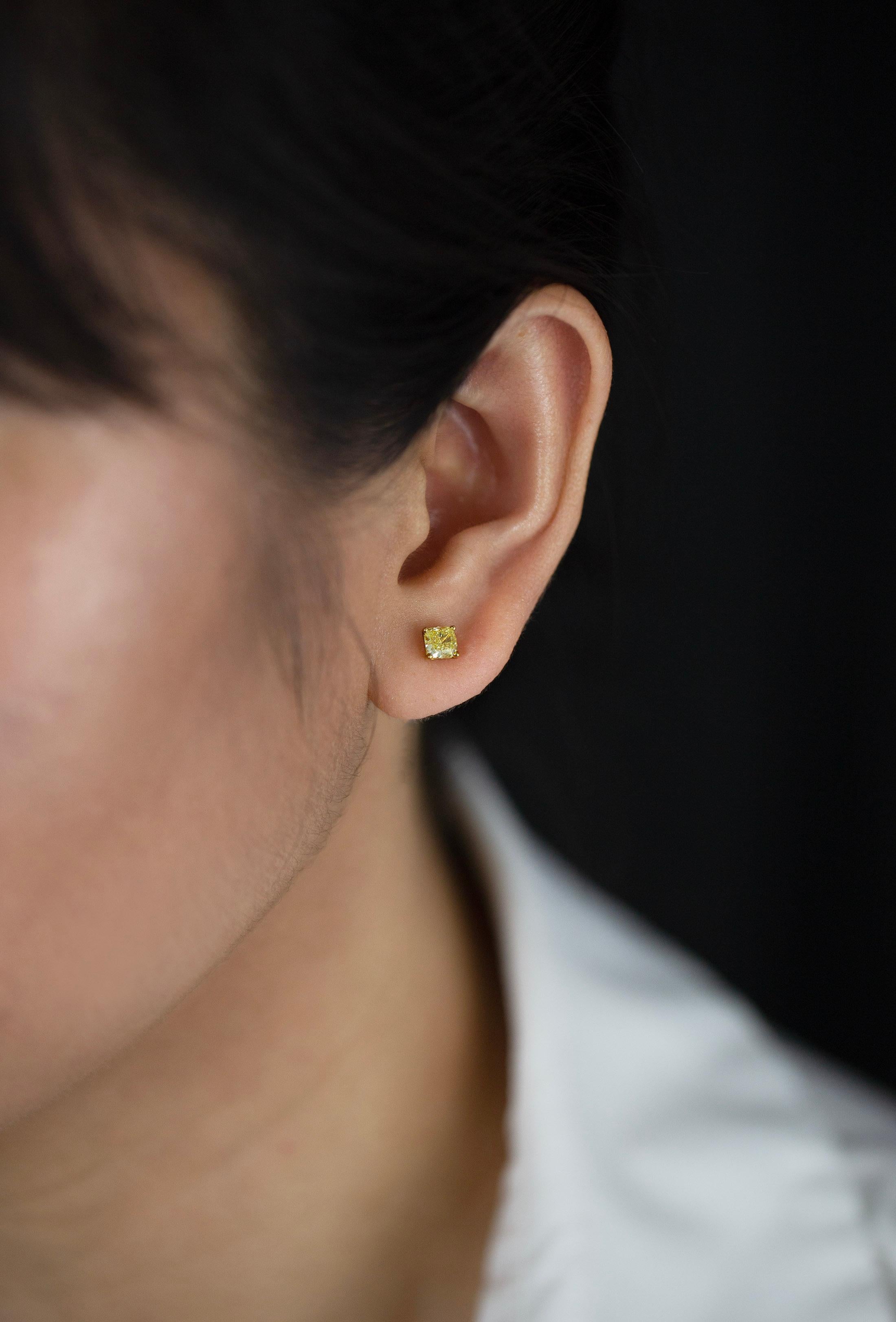 Contemporary 0.85 Carats Total Cushion Cut Fancy Intense Yellow Diamond Stud Earrings