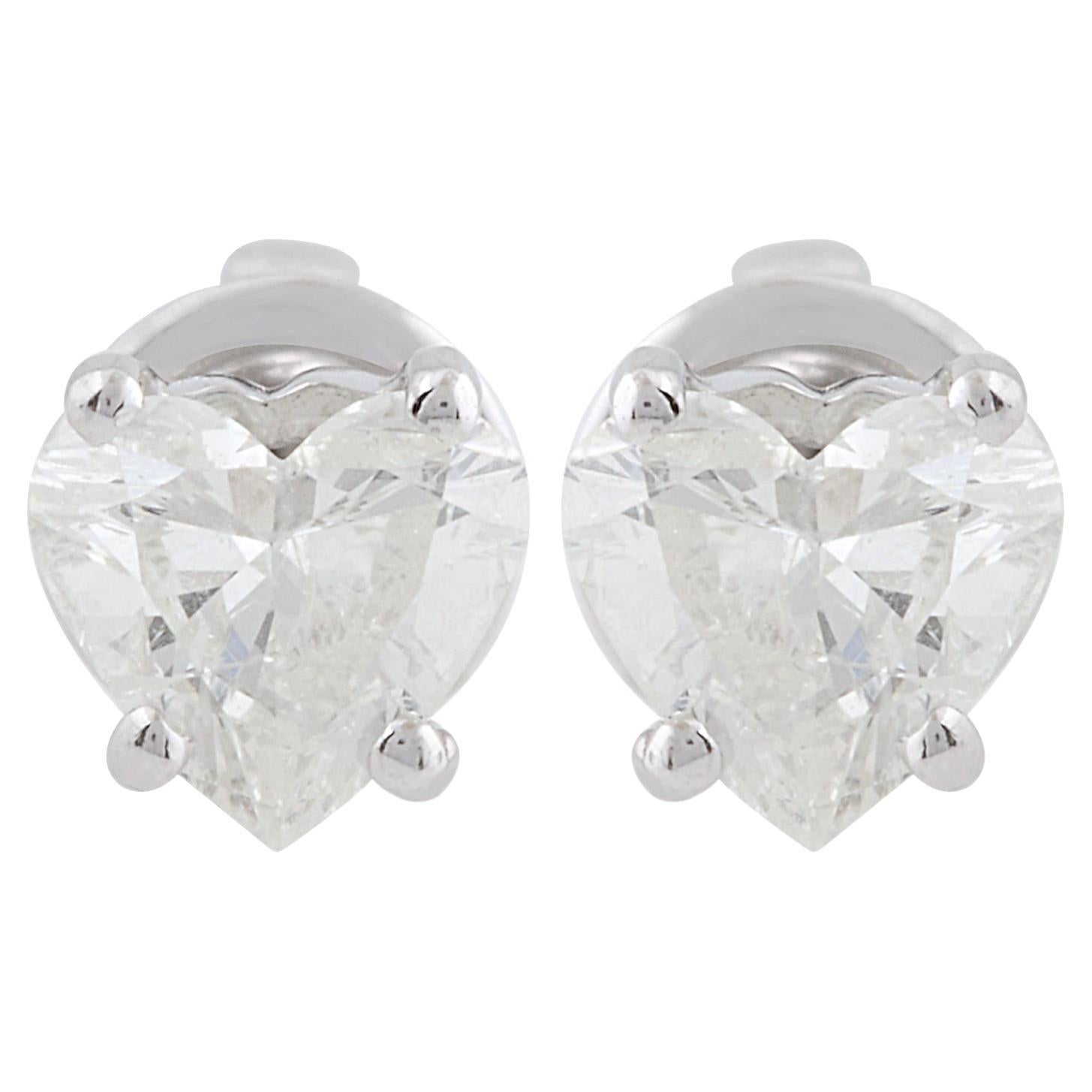 Boucles d'oreilles en diamant solitaire en forme de cœur, 0,85 ct, en or blanc 10K, faites à la main.