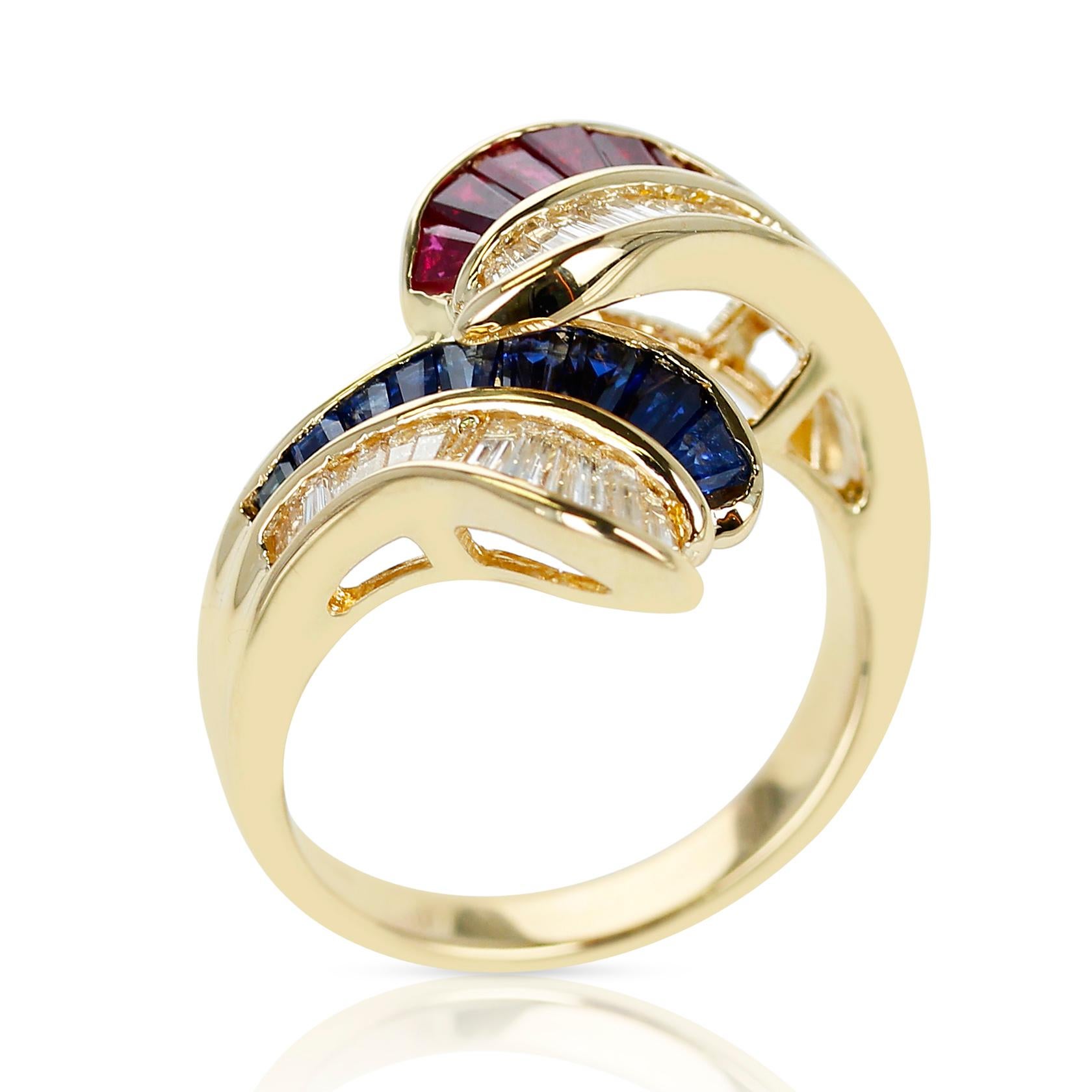 Baguette Cut 0.85 Ct. Ruby, 0.85 Ct. Sapphire and 0.84 Ct. Diamond Overlapping Ring, 18k Gold