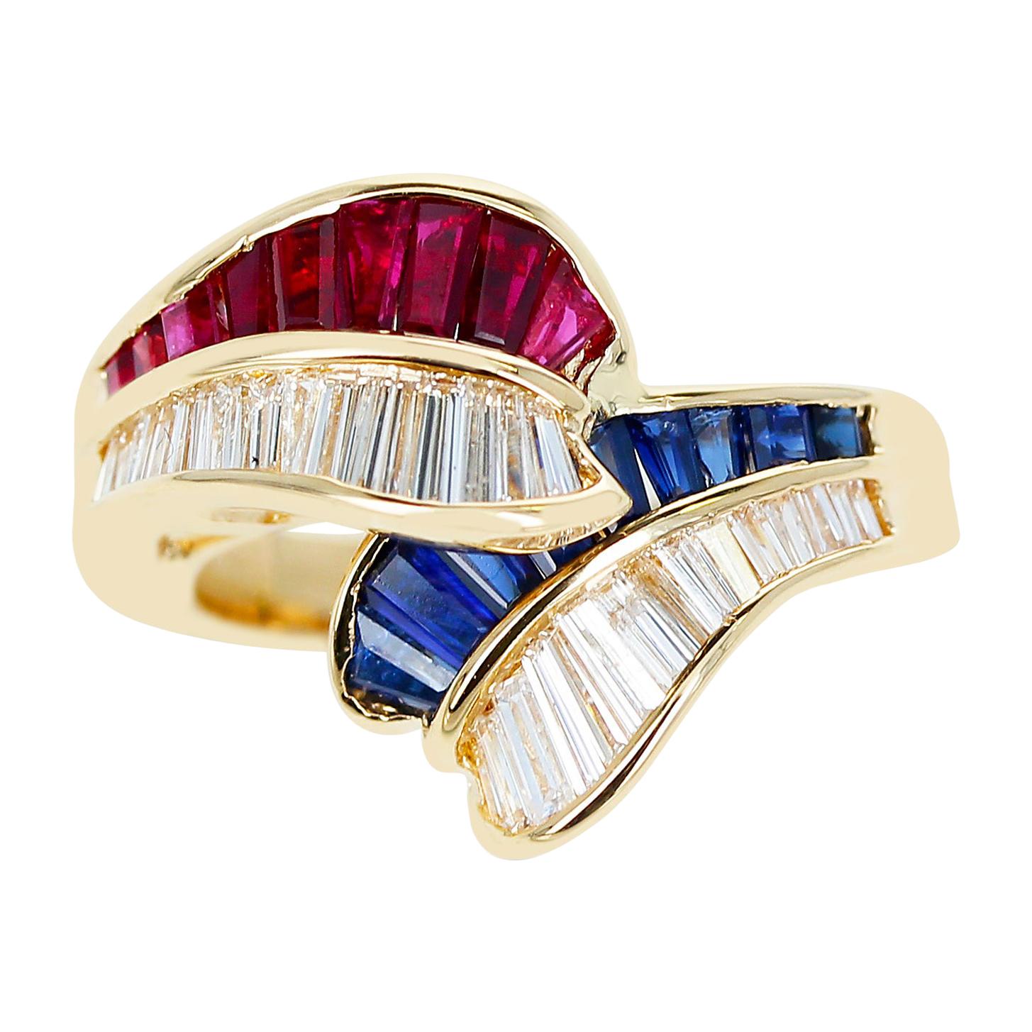 0.85 Ct. Ruby, 0.85 Ct. Sapphire and 0.84 Ct. Diamond Overlapping Ring, 18k Gold