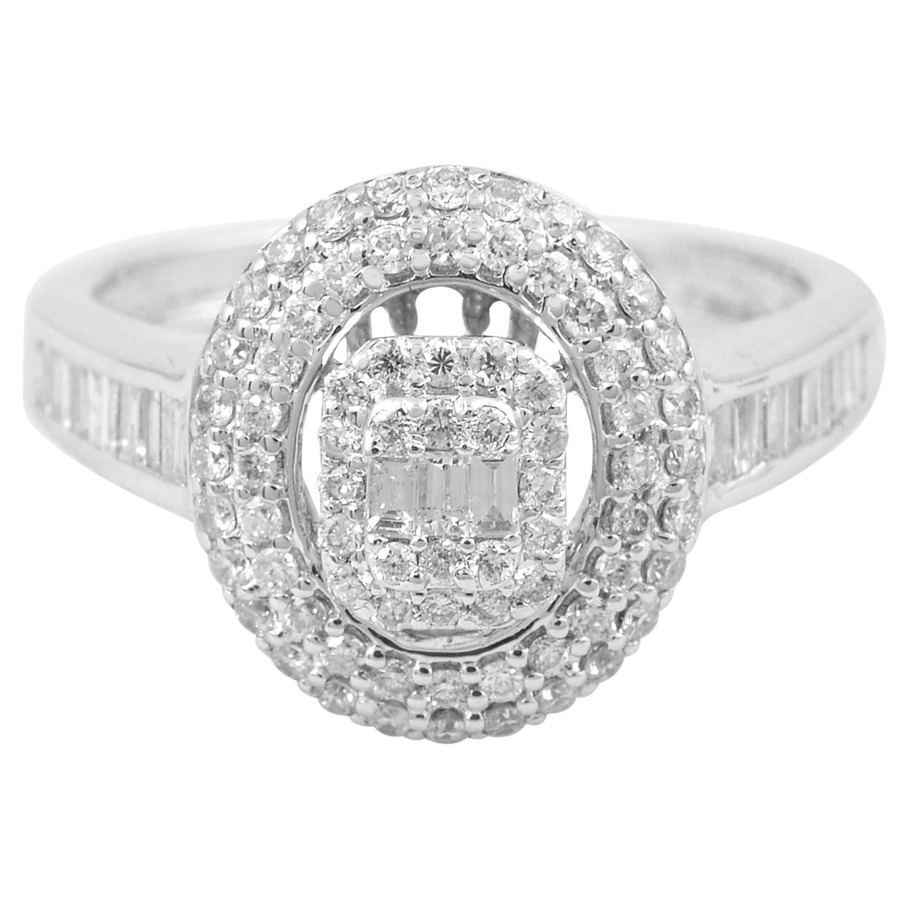 0.85 Ct SI/HI Baguette Round Diamond Promise Ring 18 Karat White Gold Jewelry For Sale