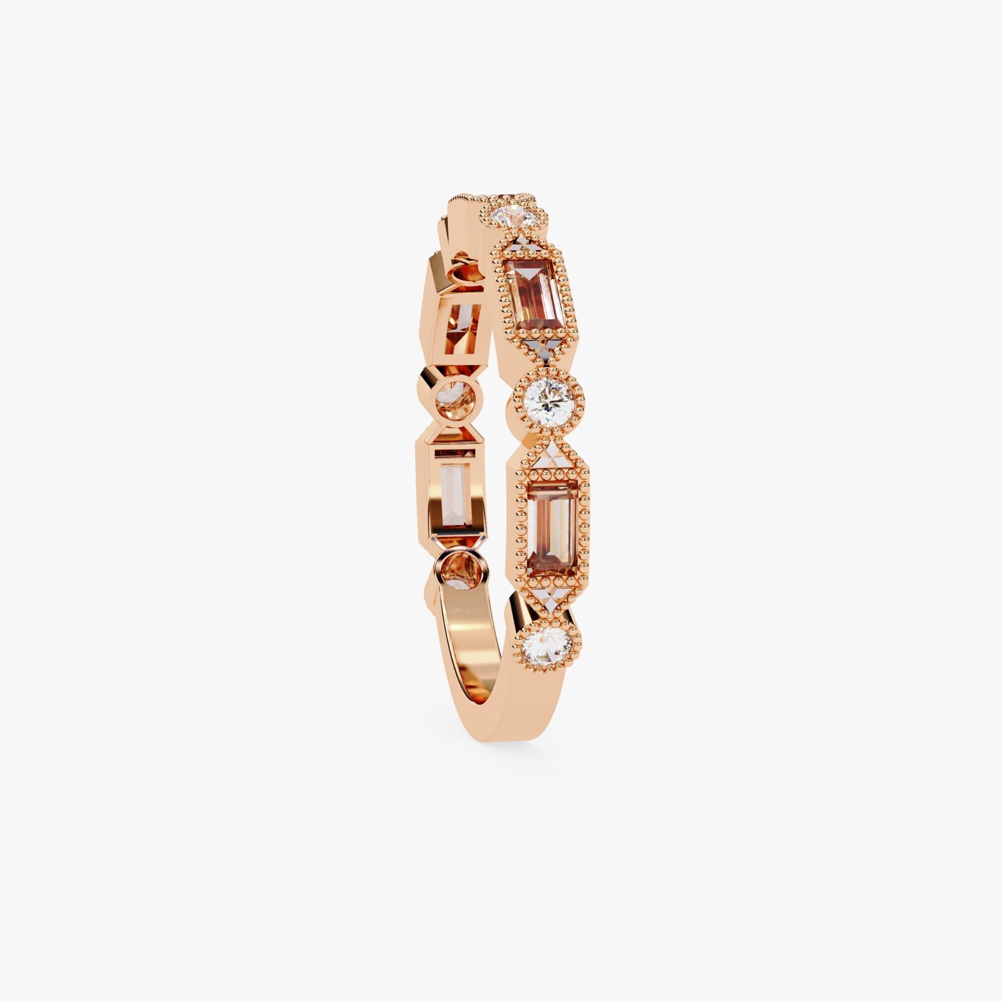 0.85 Ctw, Baguette and Round Diamond Ring, Miligrain  Band, 14K Solid Gold For Sale 5