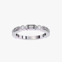 0.85 Ctw, Baguette and Round Diamond Ring, Miligrain  Band, 14K Solid Gold