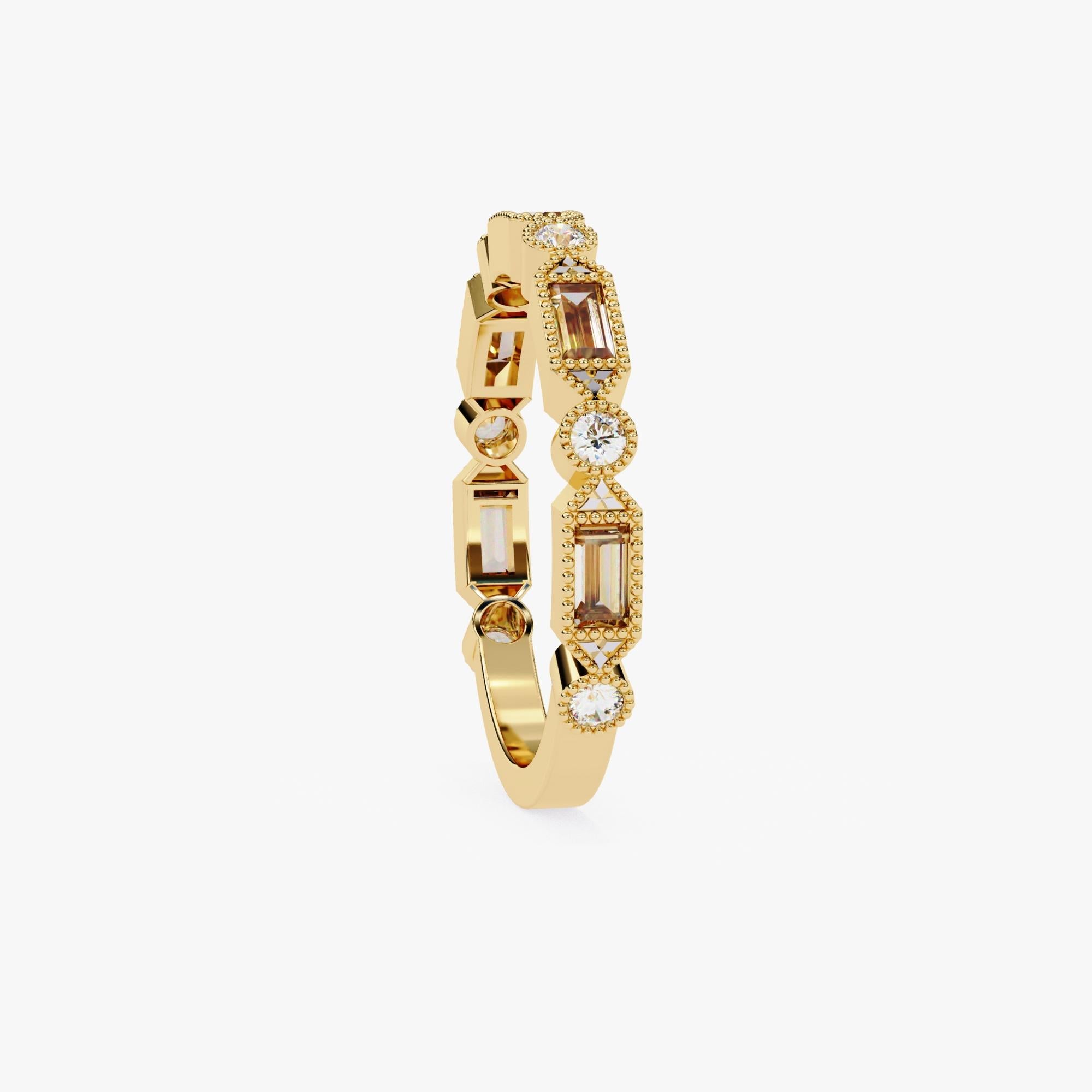 0.85 Ctw, Baguette and Round Diamond Ring, Miligrain  Band, 14K Solid Gold For Sale 1