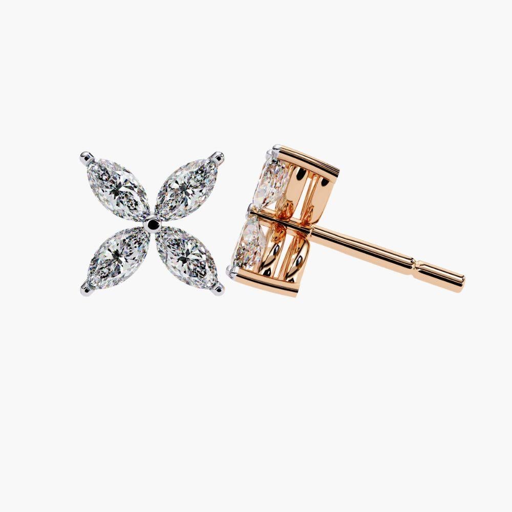 Clous d'oreilles fleur en or 14 carats avec diamants taille marquise de 0,85 carat en vente 10