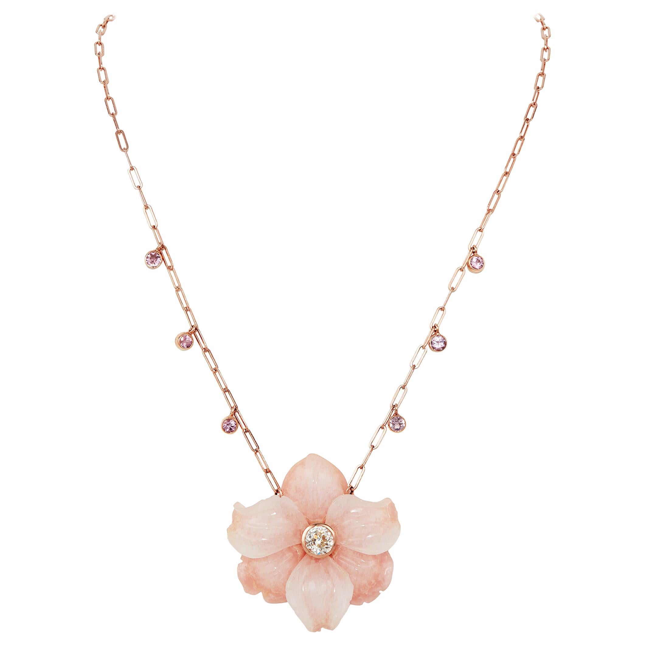 0.855 Carat Round Diamond, Carved Pink Calcite Flower Necklace with Pink Spinel 