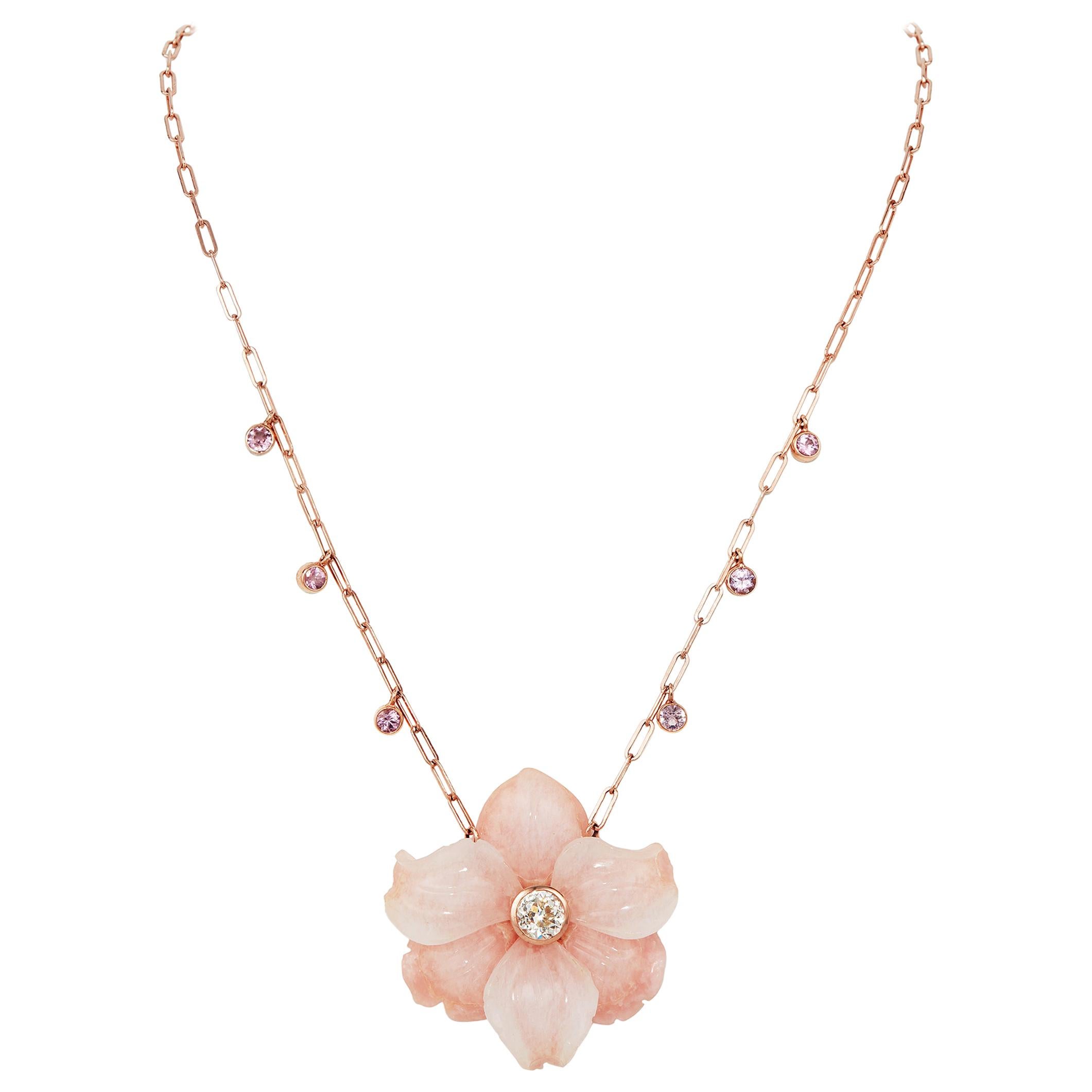 0.855 Carat Round Diamond, Carved Pink Calcite Flower Necklace with Pink Spinel For Sale