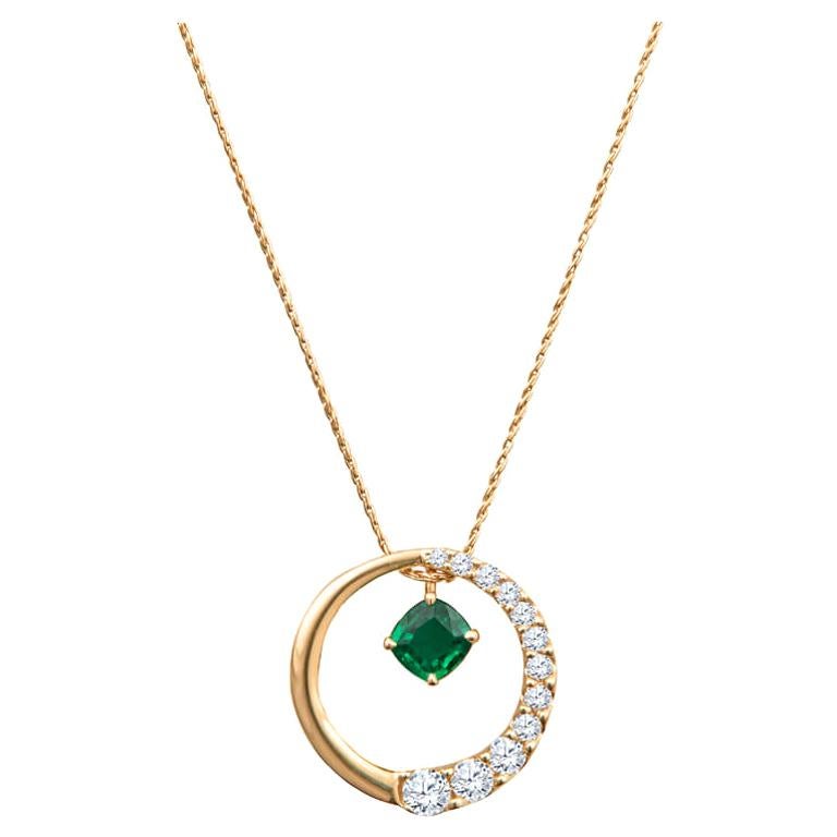 0.85ct Cushion Cut Emerald and 0.50ct Diamond 14kt Yellow Gold Pendant For Sale