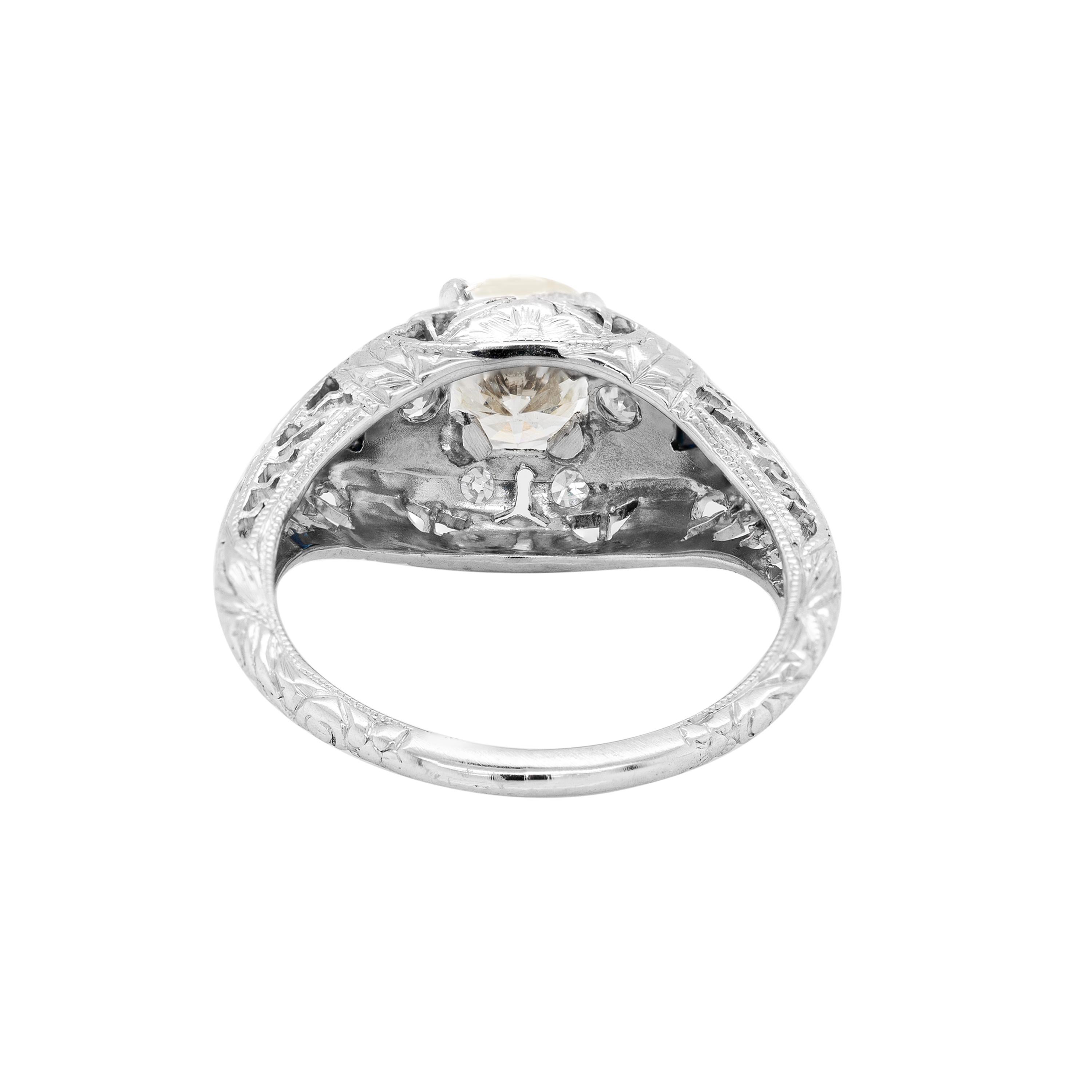 Brilliant Cut 0.85ct Diamond Art Deco Carved Platinum Engagement Ring For Sale