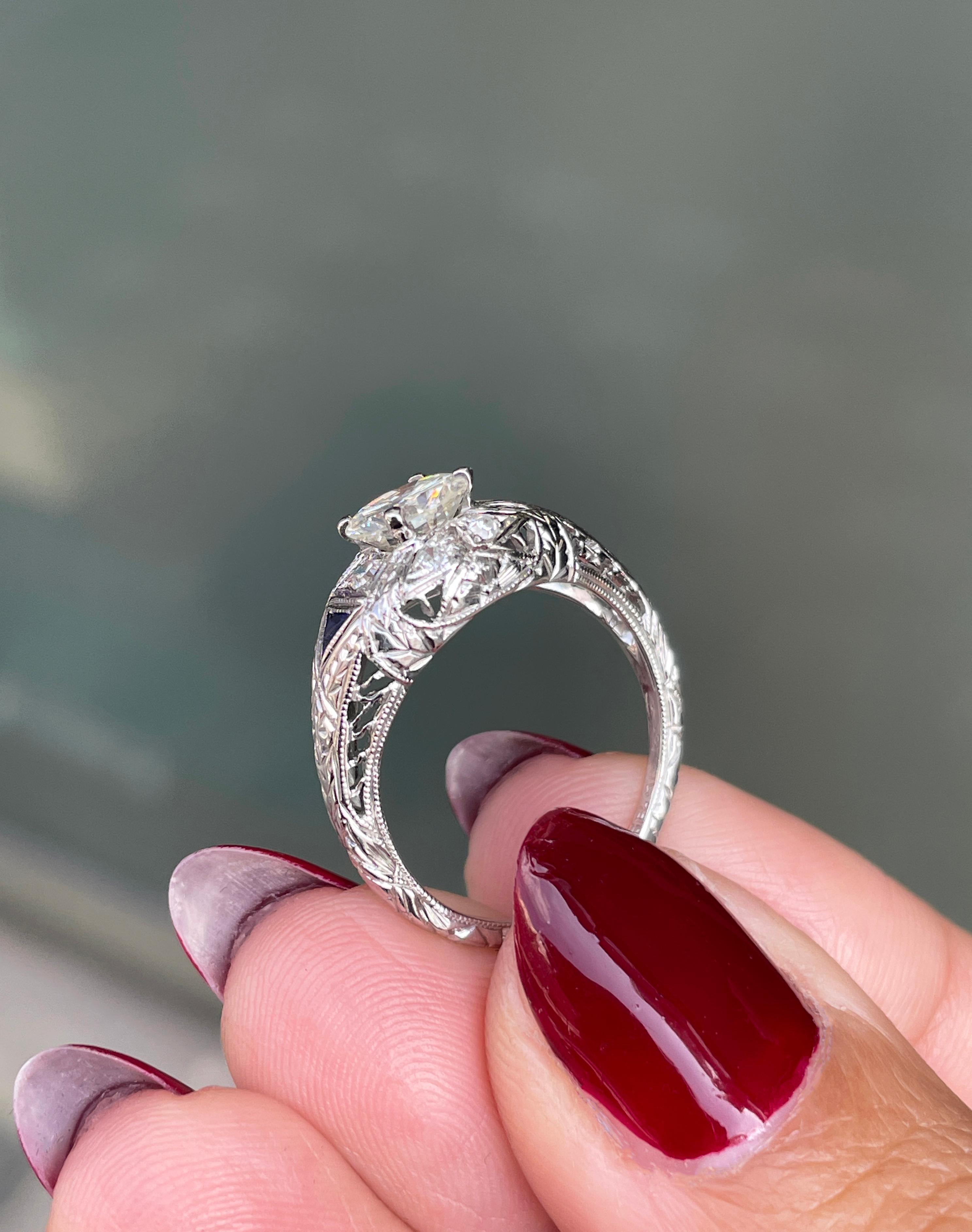 Women's 0.85ct Diamond Art Deco Carved Platinum Engagement Ring For Sale