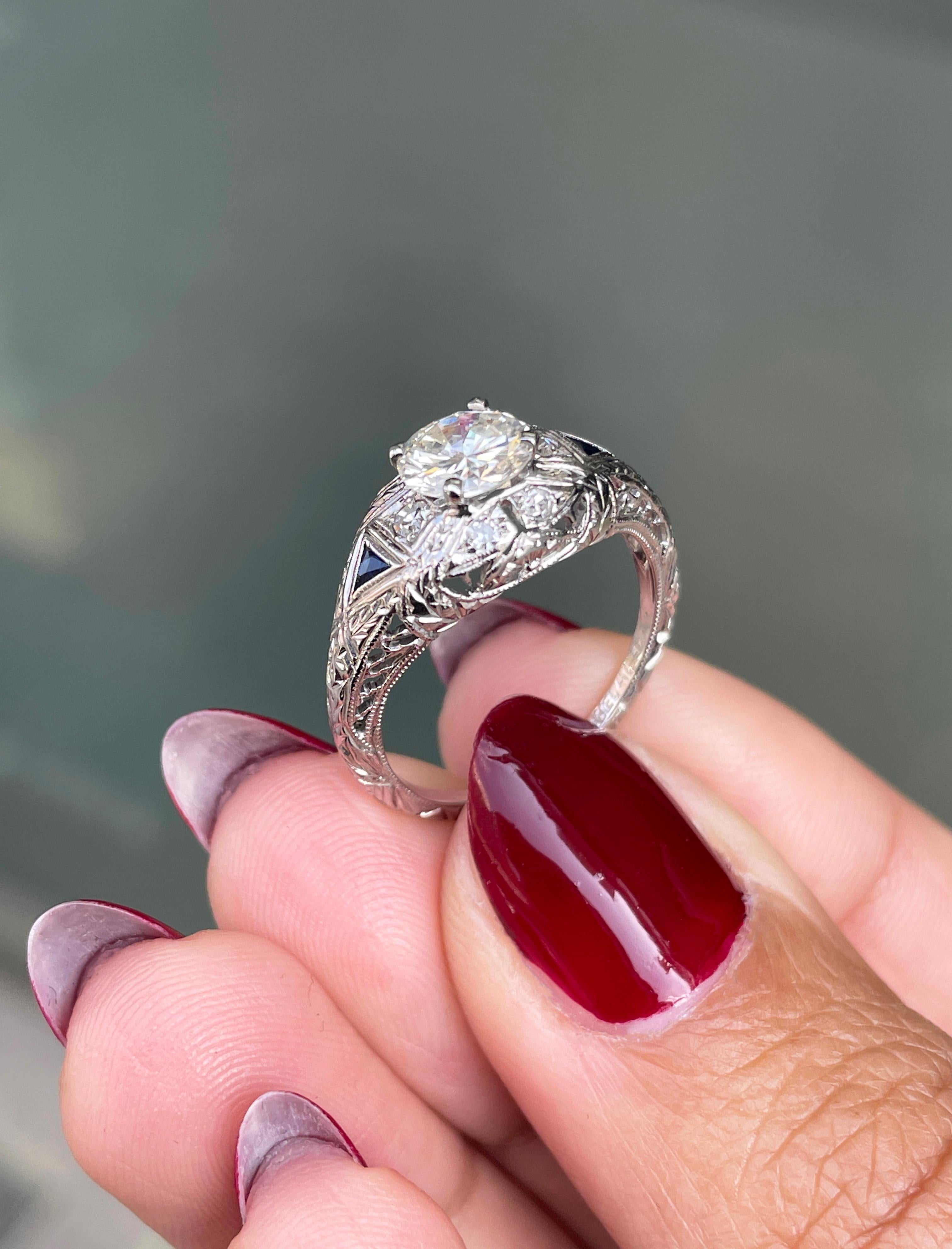 0.85ct Diamond Art Deco Carved Platinum Engagement Ring For Sale 1