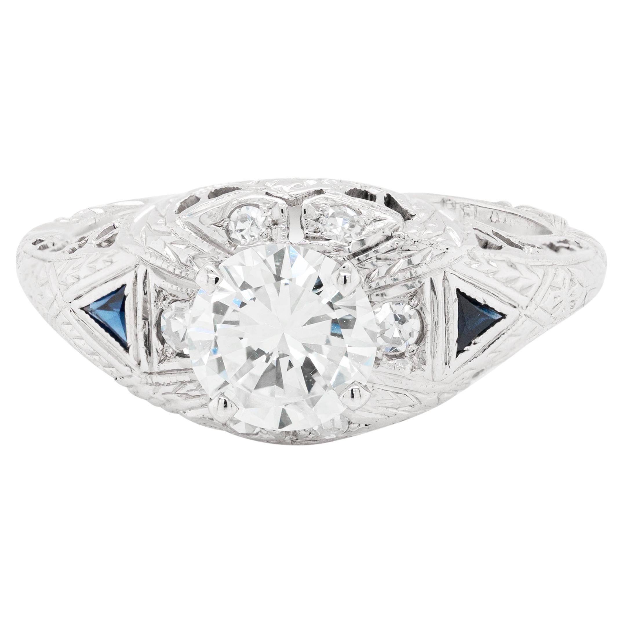 0.85ct Diamond Art Deco Carved Platinum Engagement Ring For Sale