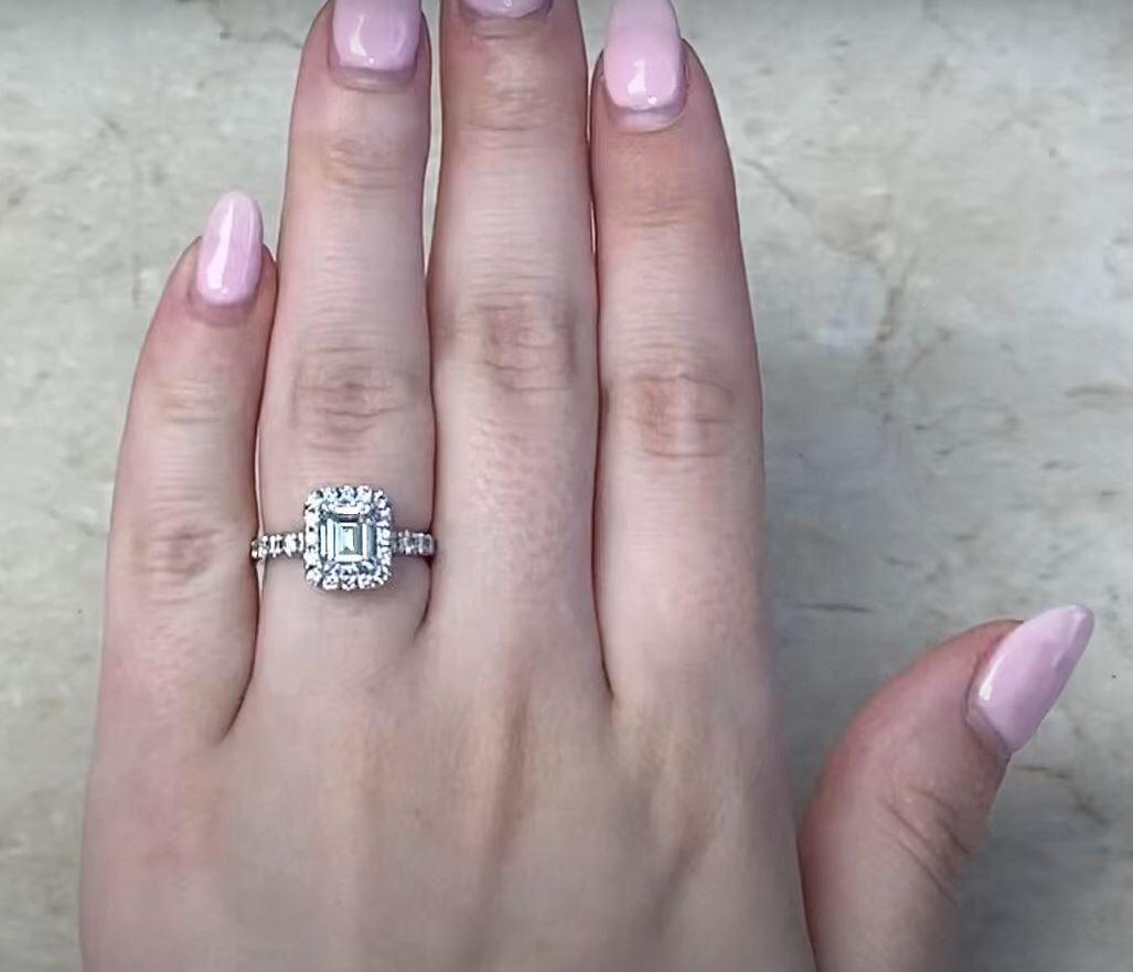 0.85ct Emerald Cut Diamond Engagement Ring, Diamond Halo, 18k White Gold For Sale 5