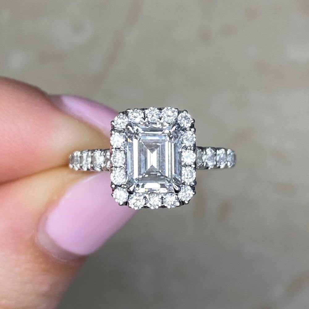 0.85ct Emerald Cut Diamond Engagement Ring, Diamond Halo, 18k White Gold For Sale 6