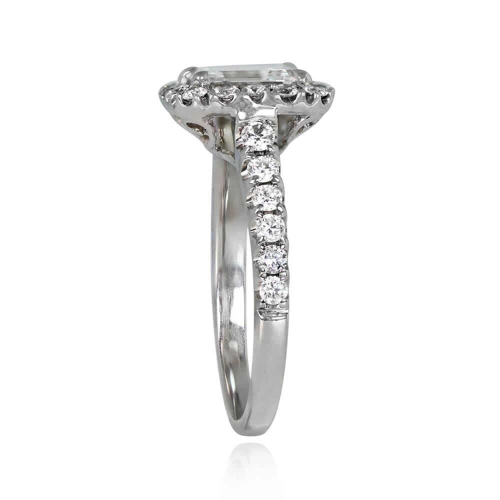 Art Deco 0.85ct Emerald Cut Diamond Engagement Ring, Diamond Halo, 18k White Gold For Sale