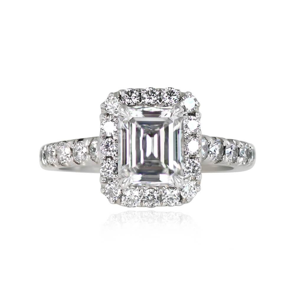0.85ct Emerald Cut Diamond Engagement Ring, Diamond Halo, 18k White Gold In Excellent Condition For Sale In New York, NY