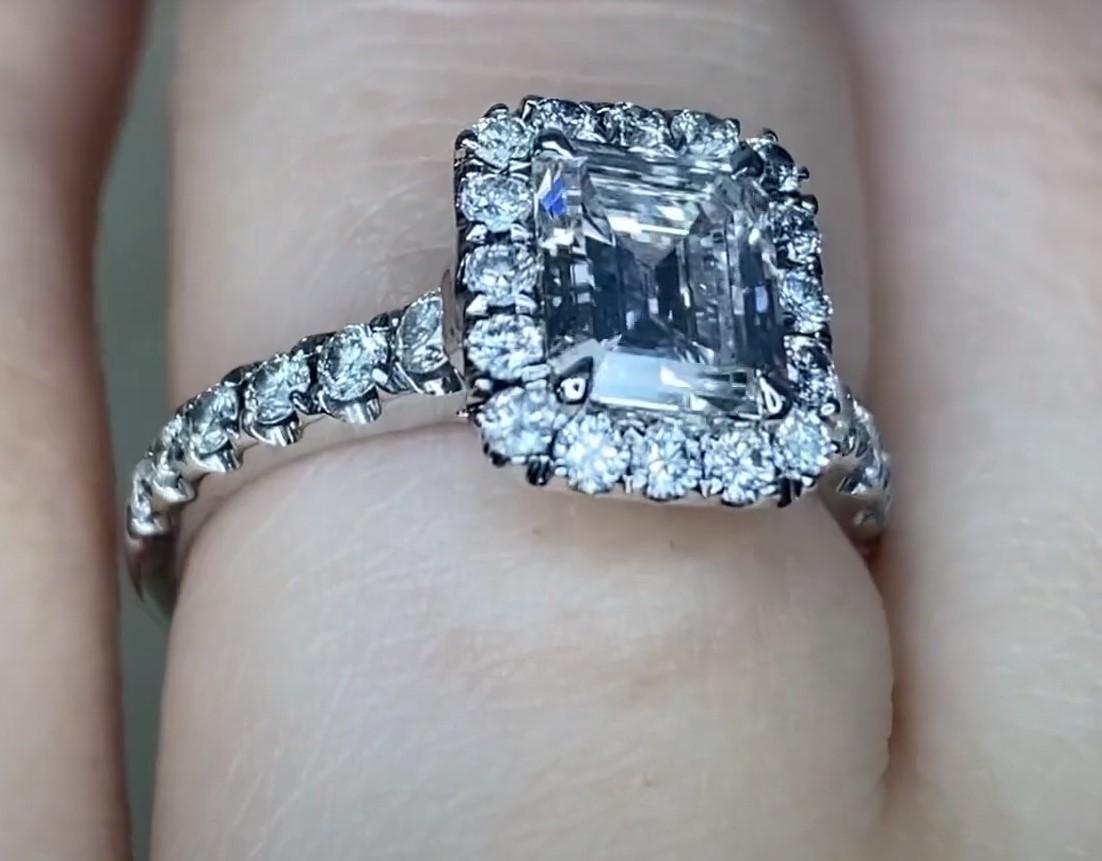 0.85ct Emerald Cut Diamond Engagement Ring, Diamond Halo, 18k White Gold For Sale 3