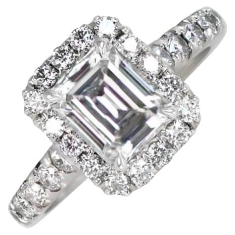 0.85ct Emerald Cut Diamond Engagement Ring, Diamond Halo, 18k White Gold For Sale