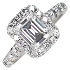 Used 0.85ct Emerald Cut Diamond Engagement Ring, Diamond Halo, 18k White Gold