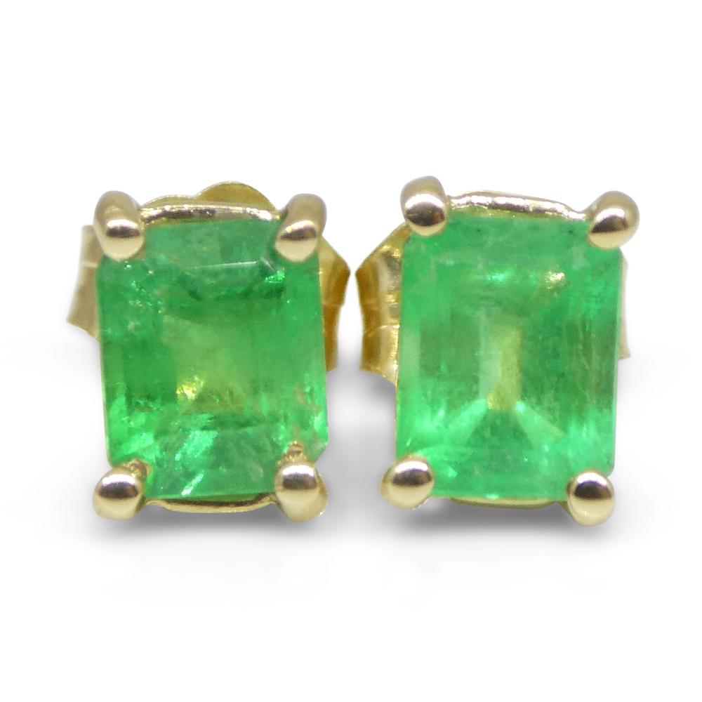 0.85ct Emerald Cut Green Colombian Emerald Stud Earrings set in 14k Yellow Gold For Sale 6