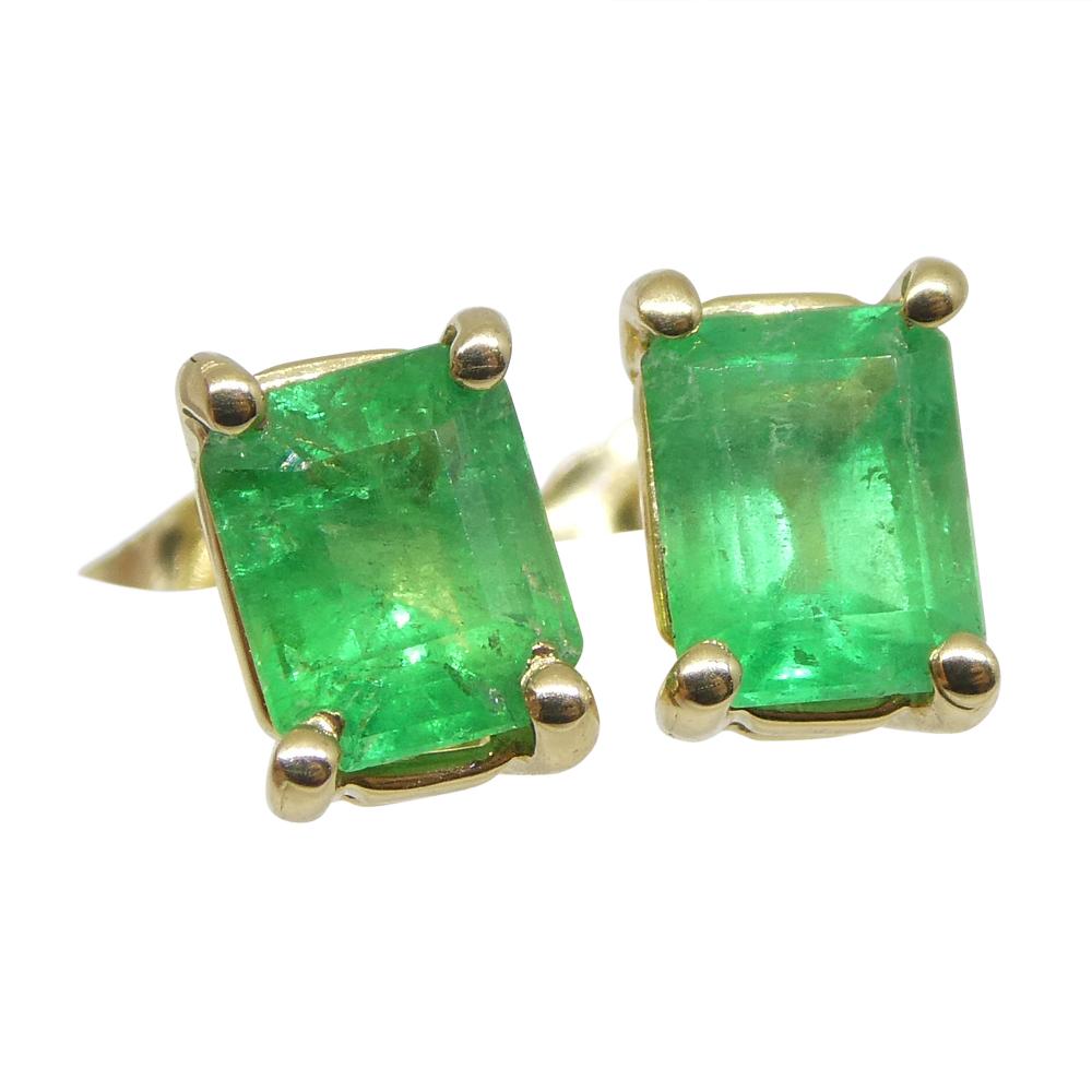 0.85ct Emerald Cut Green Colombian Emerald Stud Earrings set in 14k Yellow Gold For Sale 2