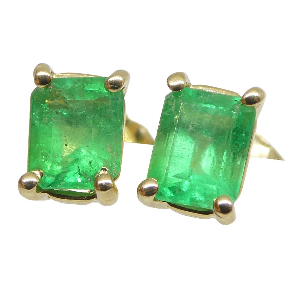 0.85ct Emerald Cut Green Colombian Emerald Stud Earrings set in 14k Yellow Gold For Sale 3