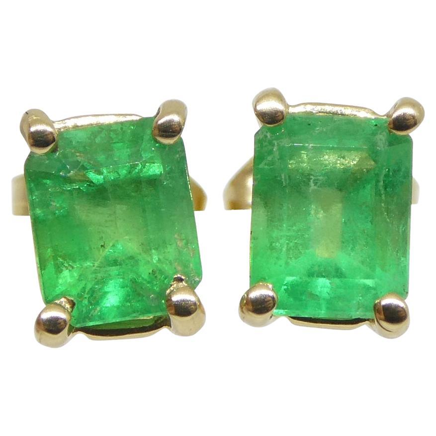 0.85ct Emerald Cut Green Colombian Emerald Stud Earrings set in 14k Yellow Gold For Sale