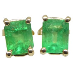 0.85ct Emerald Cut Green Colombian Emerald Stud Ears set in 14k Yellow Gold