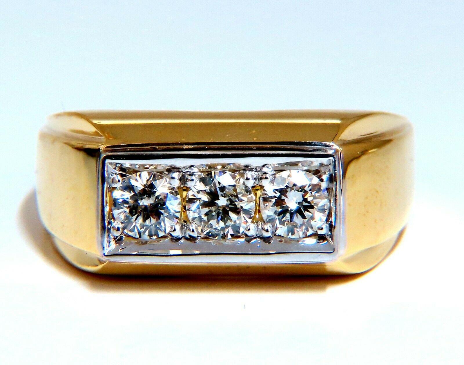 0.85ct Natural Three Stone Masculine Pave Beaded Flat Deck Mens Ring 14kt In New Condition For Sale In New York, NY
