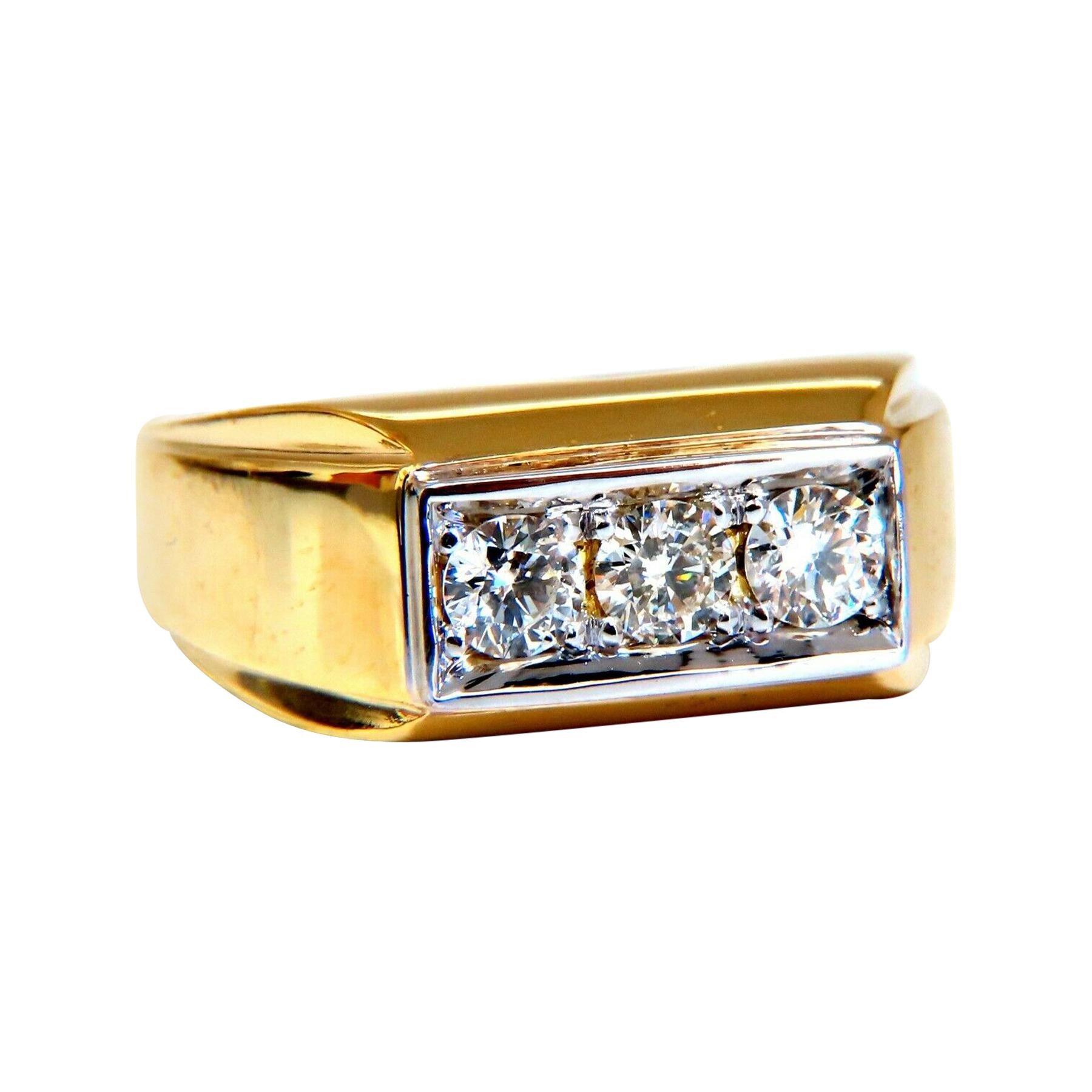 0.85ct Natural Three Stone Masculine Pave Beaded Flat Deck Mens Ring 14kt
