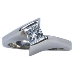 0.85ct Princess Cut Diamond Solitaire Semi Bezel Set Euro Shank 14K White Gold