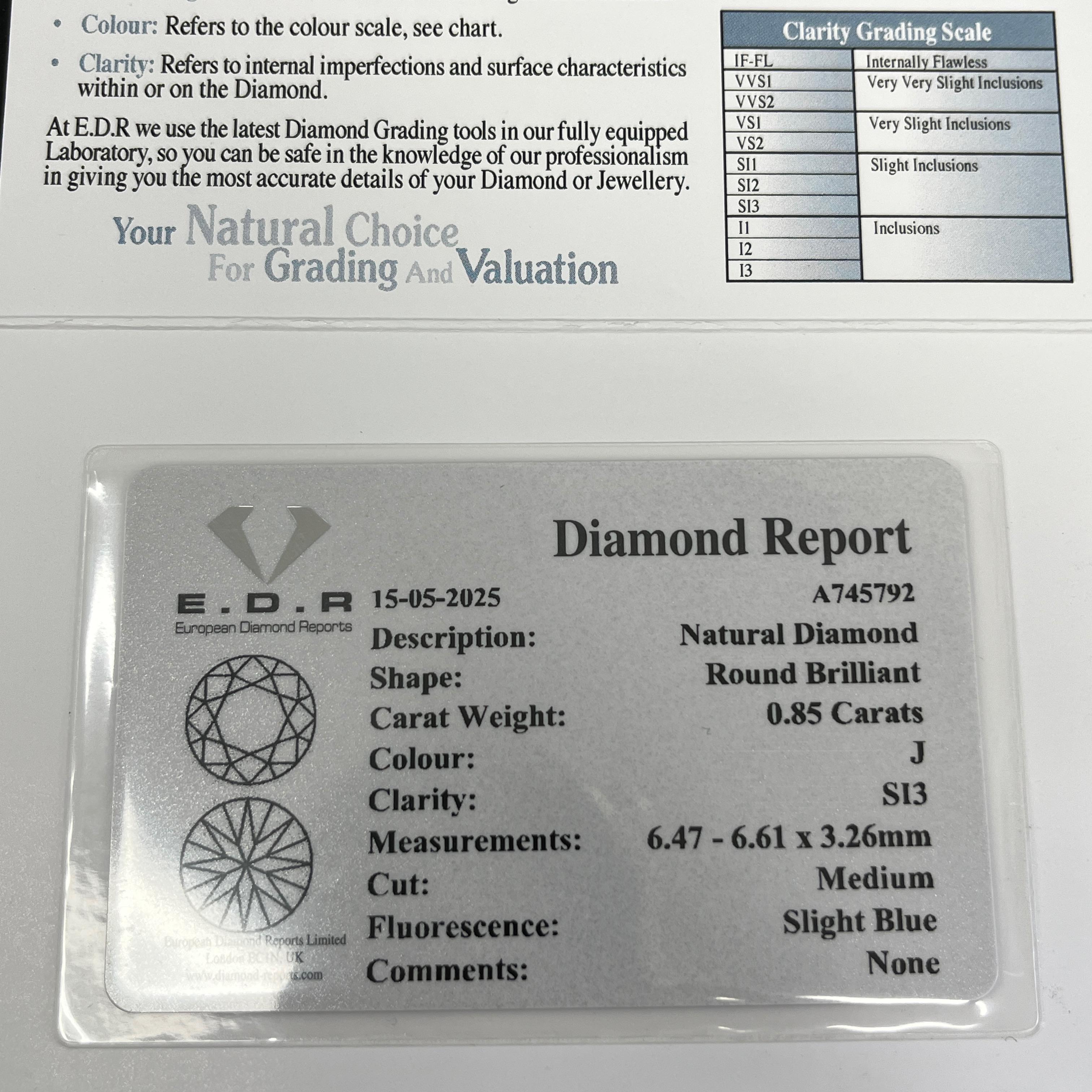 0.85ct Round Brilliant Cut J-SI3 Diamond Ring, Set In Platinum For Sale 2