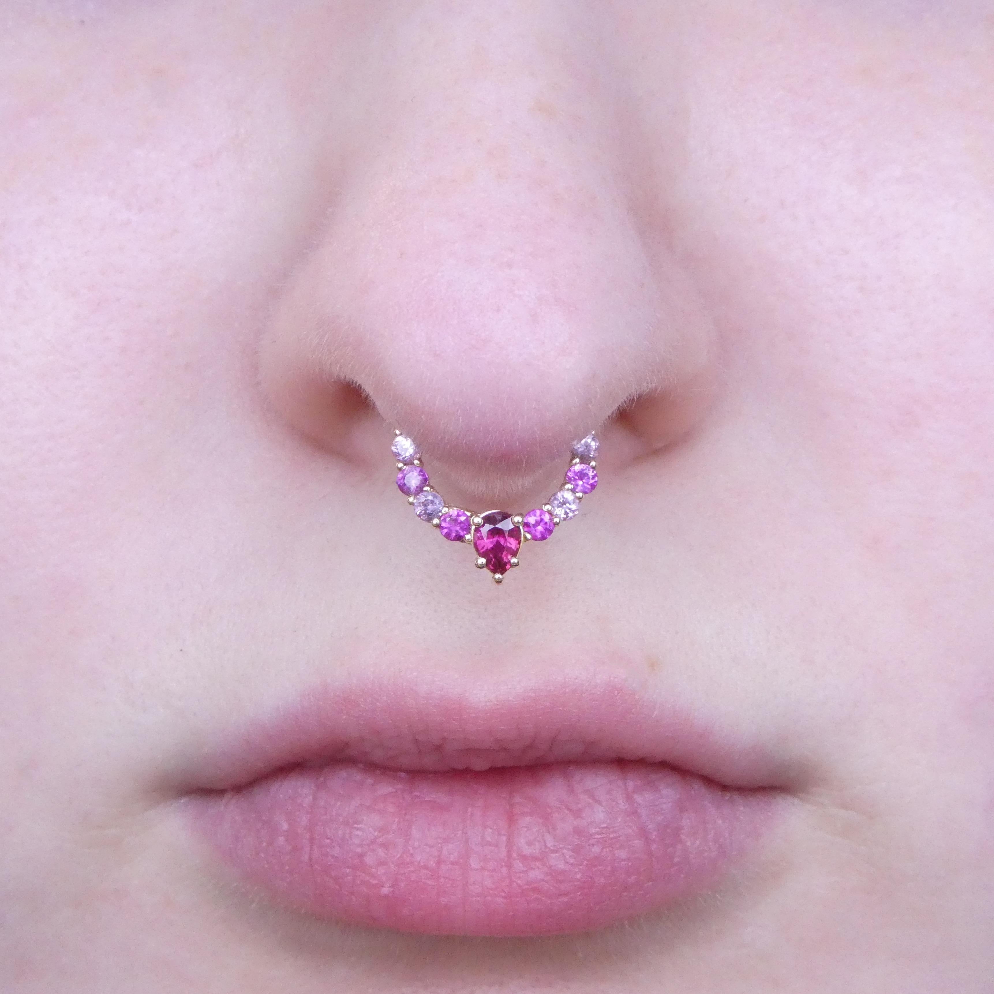 0.85ct Ruby and Pink Sapphire 16G 10mm Hinged Septum Clicker Ring in 14k YG 6