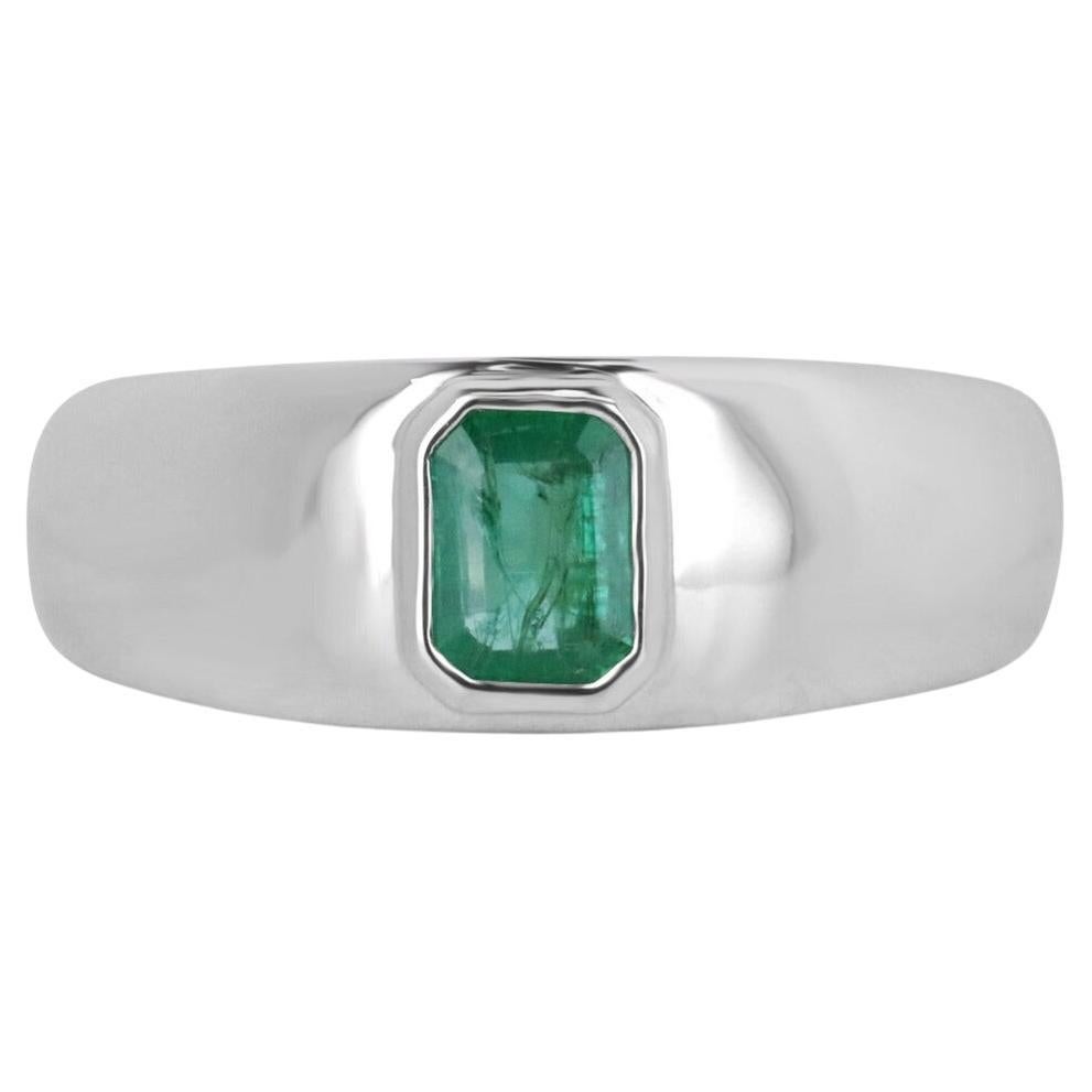 0.85ct SS Men's Vertical Bezel Set Green Emerald Cut Emerald Silver Band Ring For Sale