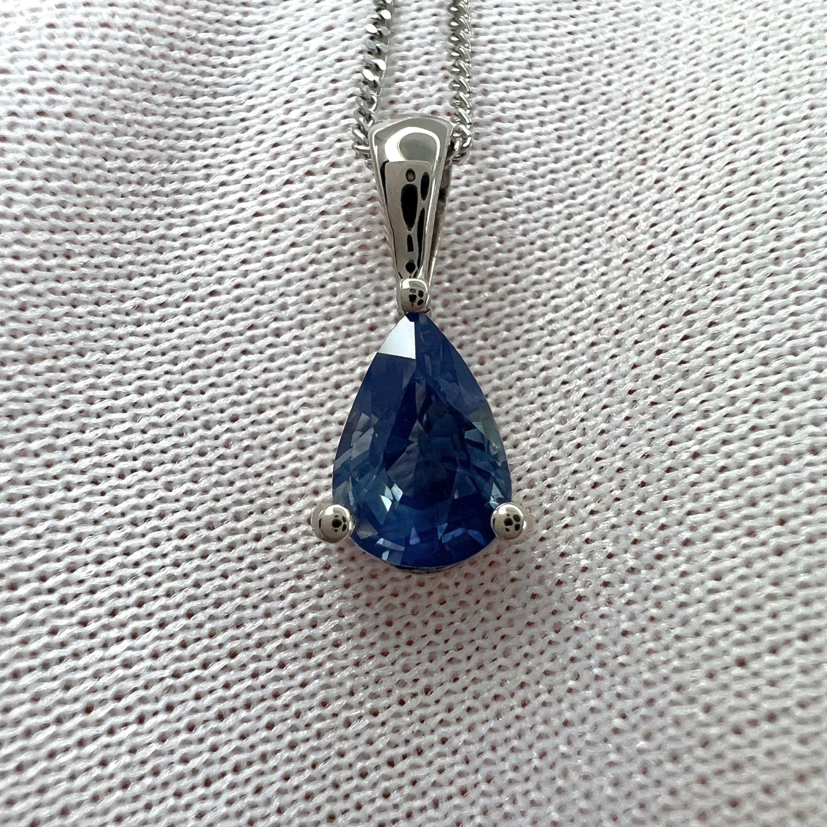 Unique Teal Blue Ceylon Sapphire 18k White Gold Pear Teardrop Cut Pendant Necklace.

0.85 Carat sapphire with a beautiful unique teal blue colour and excellent clarity, a very clean stone.

Mined in Sri Lanka, source of some of the finest sapphires