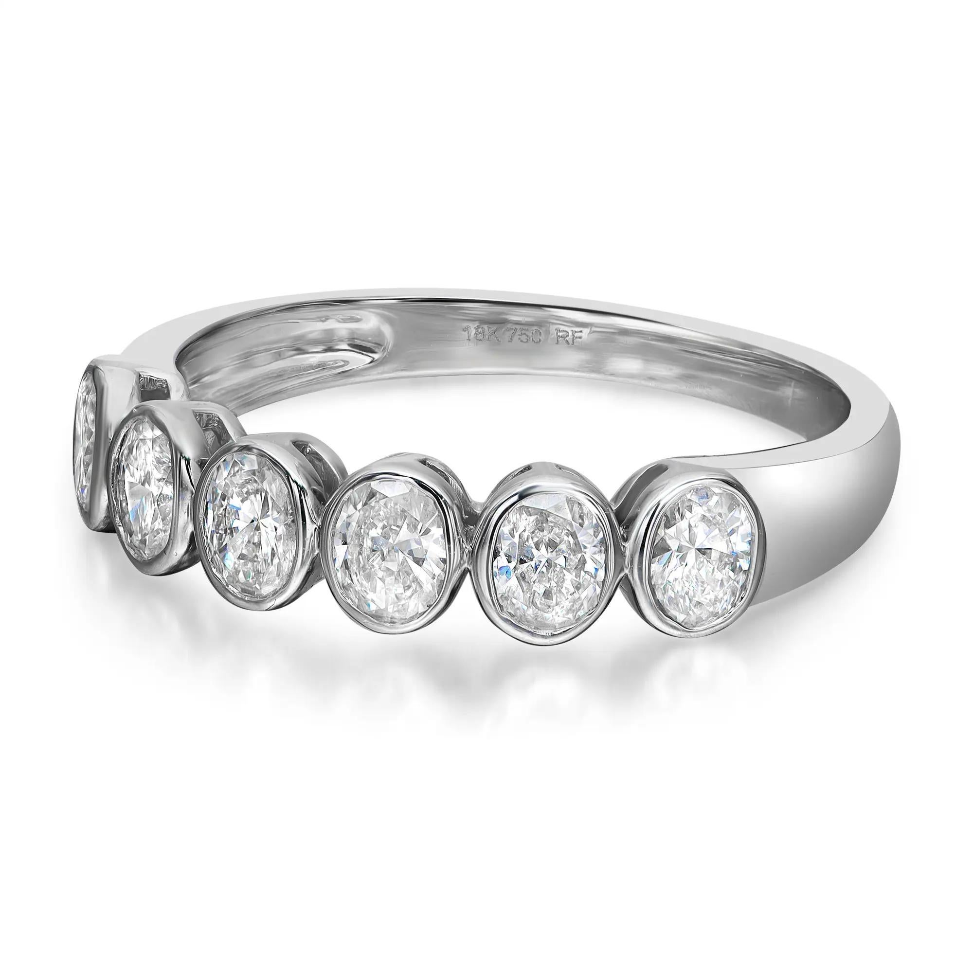 Modern 0.85cttw Bezel Set Oval Cut Diamond Eternity Band Ring 18k White Gold Size 6.5 For Sale