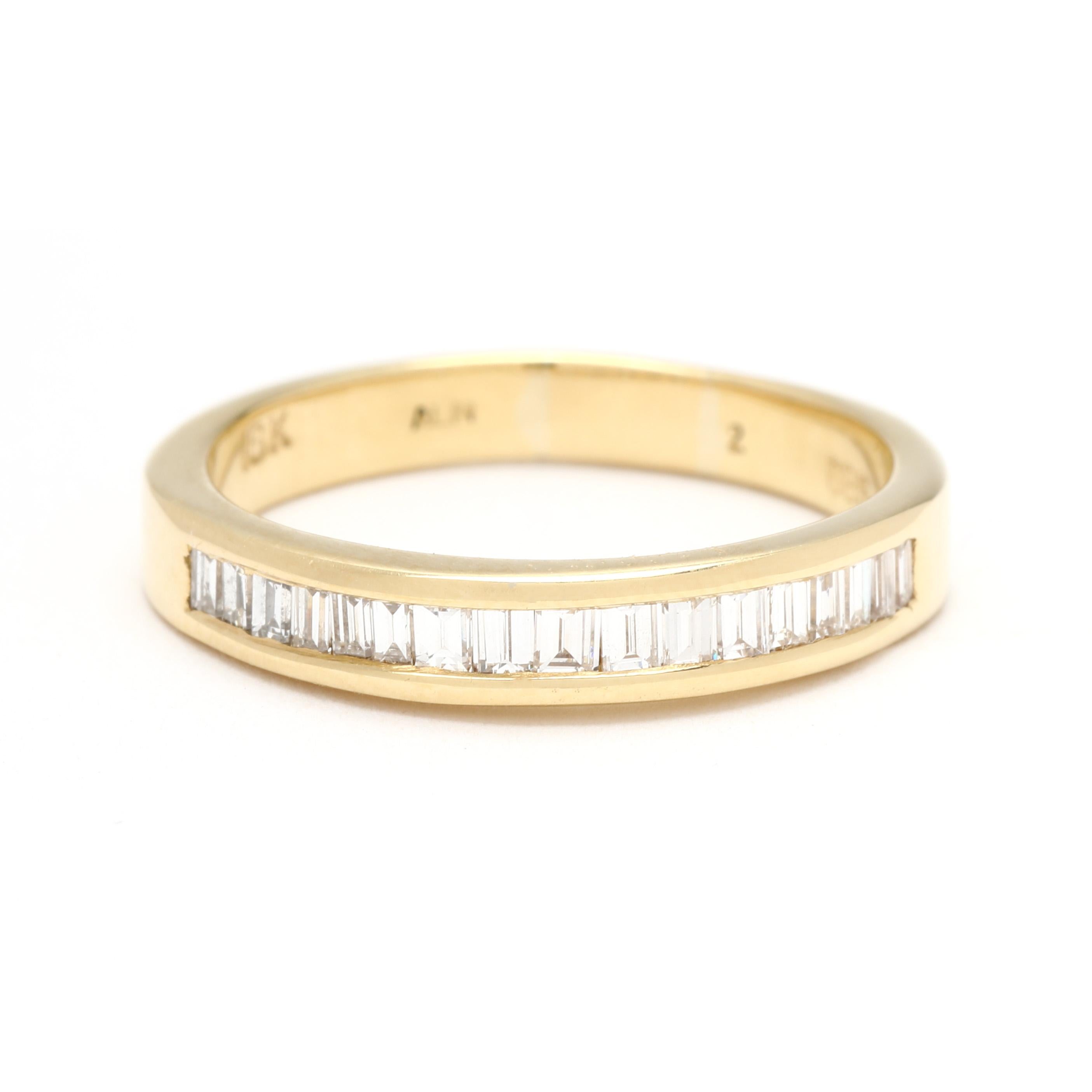 Stones:
diamonds, 17 stones
baguette
2 x 1.5 mm
approximately .50 total carats
F-G color, VS1-2 clarity

Ring Size 8.25

Width: 3.8 mm

Weight: 2.8 dwts. / 4.4 grams

Stamps: 