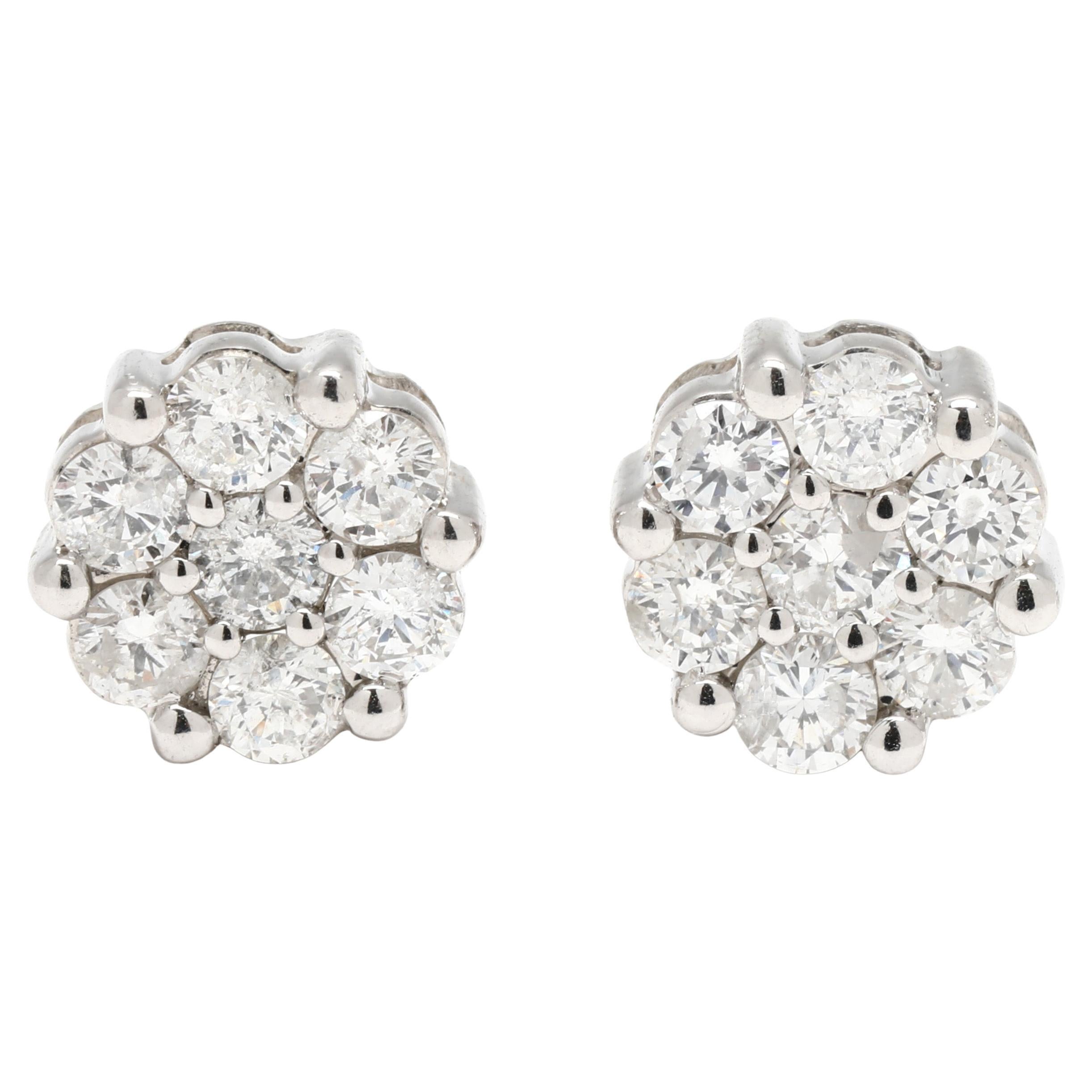 0.85ctw Diamond Stud Earrings, 14k White Gold, Floral Studs