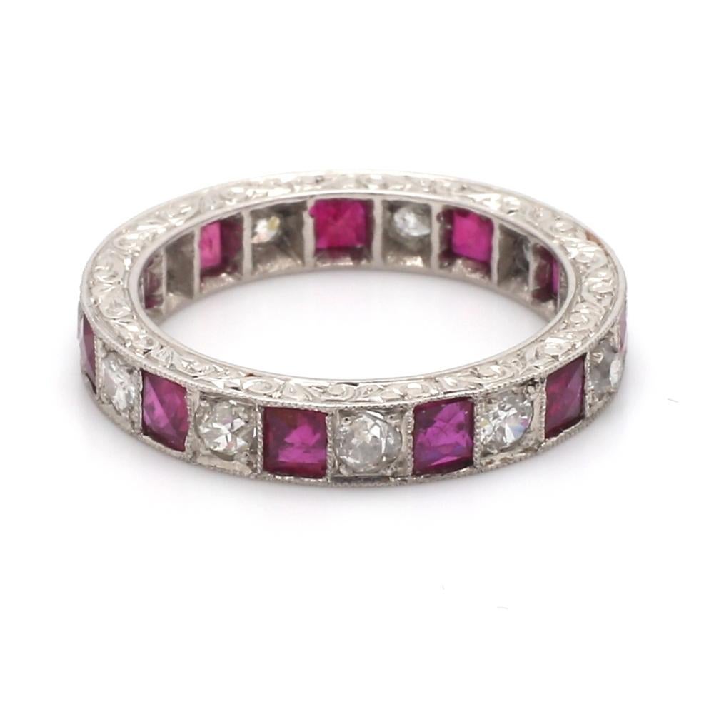 Old Mine Cut 0.85ctw Ruby and Diamond Eternity Band For Sale