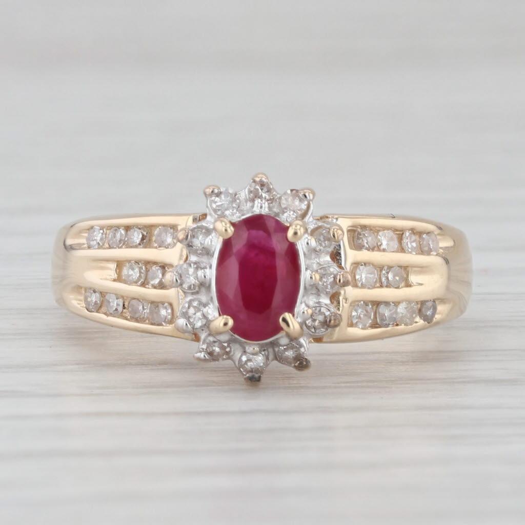 Oval Cut 0.85ctw Ruby Diamond Halo Ring 14k Yellow Gold Size 7.25 Engagement