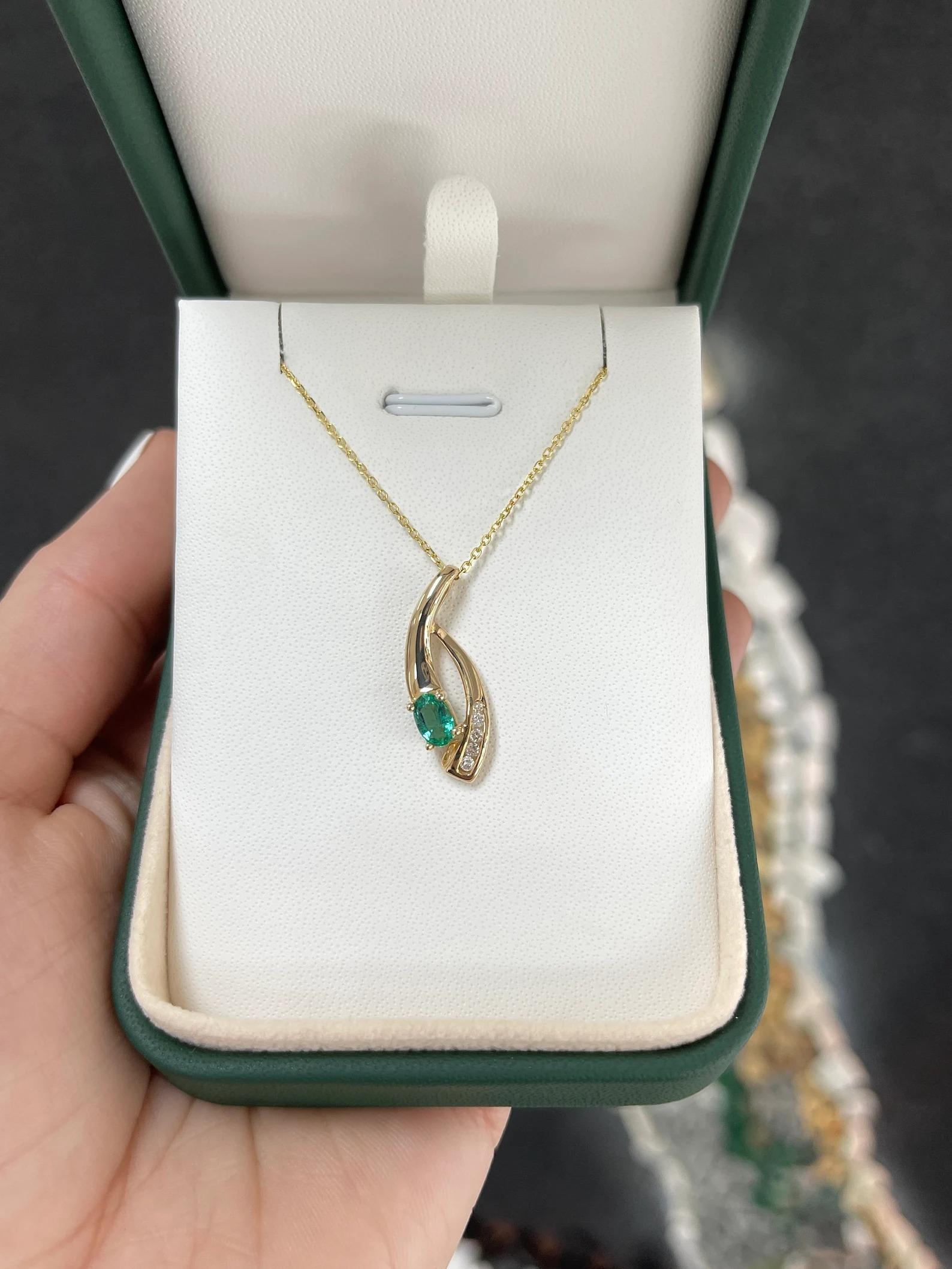 Modern 0.85tcw Dancing Natural Emerald-Oval Cut & Diamond Accent Pendant Gold 14K For Sale