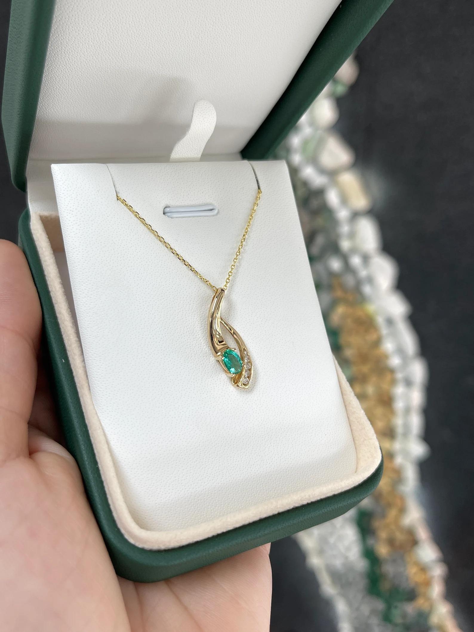Women's 0.85tcw Dancing Natural Emerald-Oval Cut & Diamond Accent Pendant Gold 14K For Sale