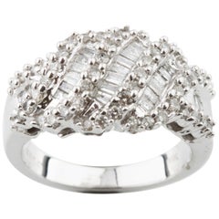 0.86 Carat Baguette and Round Diamond Statement Ring in White Gold