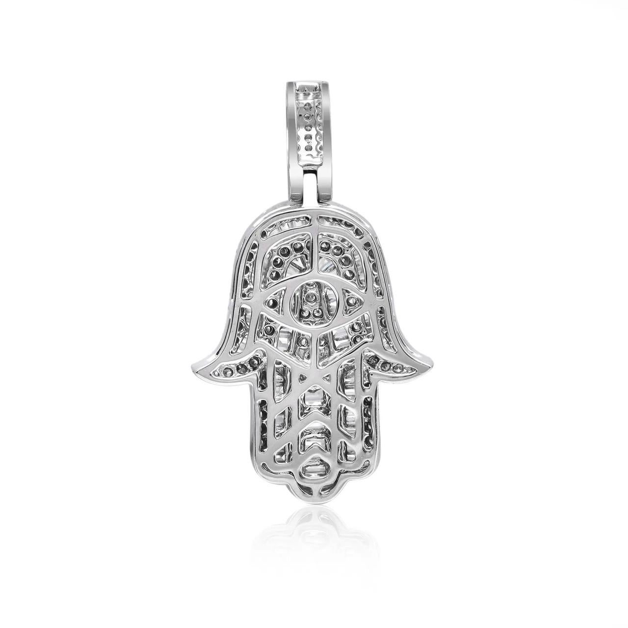 Modern 0.76 Carat Diamond Hamsa Pendant Necklace 18K White Gold For Sale