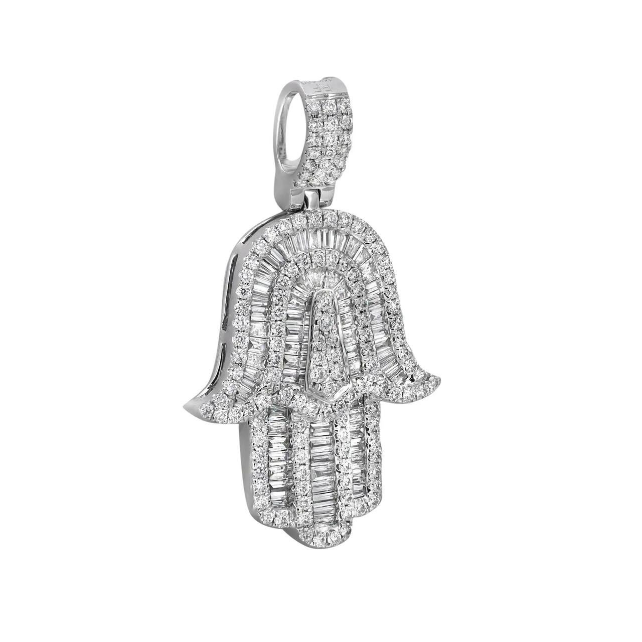 Baguette Cut 0.76 Carat Diamond Hamsa Pendant Necklace 18K White Gold For Sale