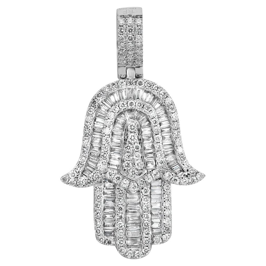 0.86 Carat Diamond Hamsa Pendant Necklace 14K White Gold 